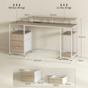 Mesa de Escritorio Mesa de Ordenador con Luces LED Estantes Cajones Tomas de Corriente Puertos USB y Soporte para Monitor para Oficina Estudio 155,5x48x75,5 cm Natural