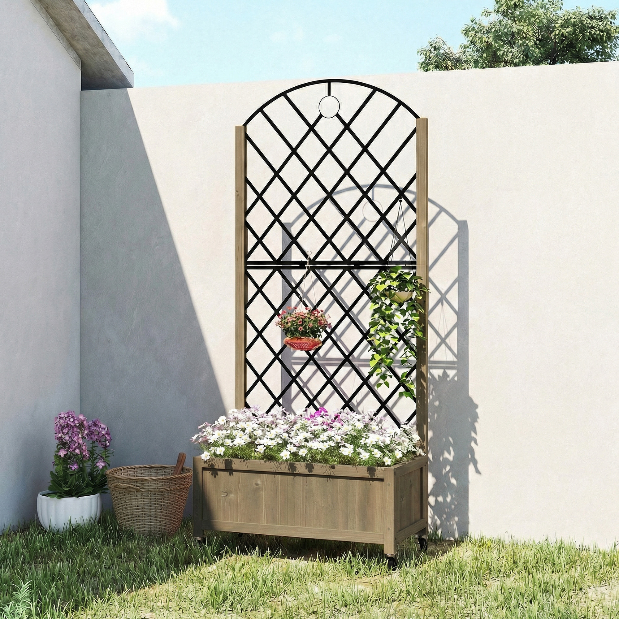 Jardinera de Madera con Enrejado Metálico y Ruedas, Jardinera Exterior Grande para Plantas Trepadoras, Macetero Elevado para Patio, Terraza, 72x36x168 cm, Carbonizado