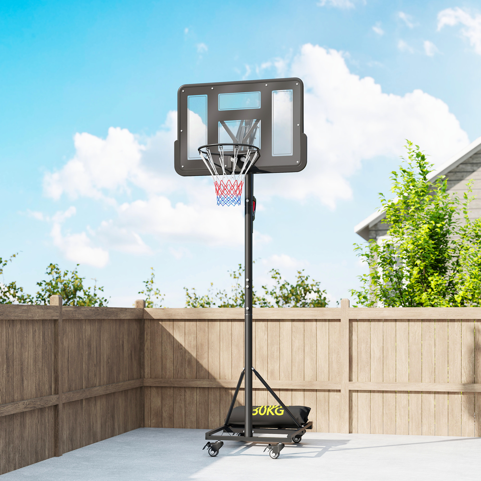 Canasta de Baloncesto para Exterior, Altura Ajustable 235-305 cm, Canasta de Baloncesto Portátil con Tablero Irrompible 110 cm, Ruedas y Saco de Peso, para Adolescentes y Adultos, Negro
