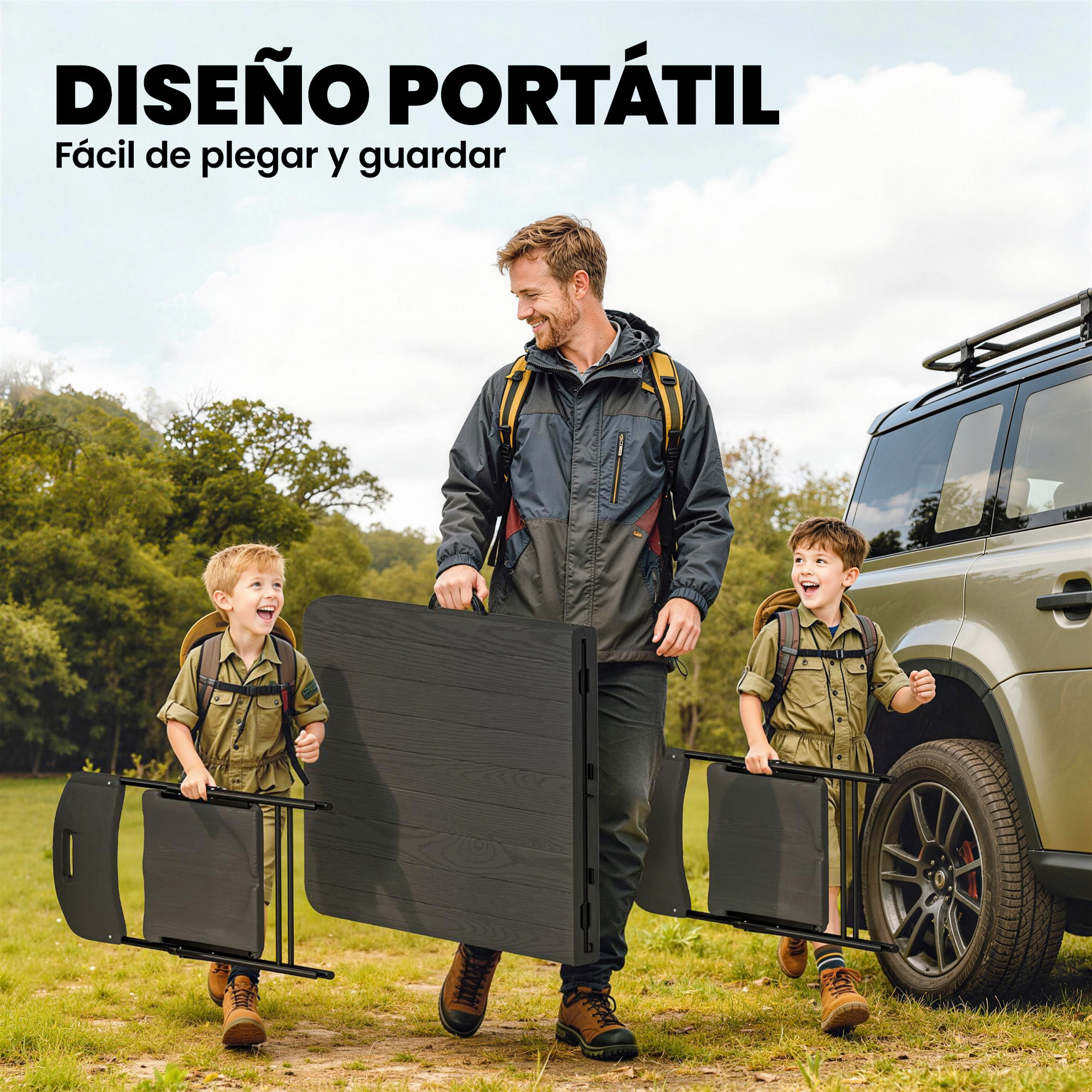Conjunto de Camping Plegable de 5 Piezas Mesa Plegable Camping con Sillas Incluye 1 Mesa 180x74x74 cm y 4 Sillas Tapa Impermeable HDPE y Estructura de Metal para Acampadas Jardín Pícnic Negro