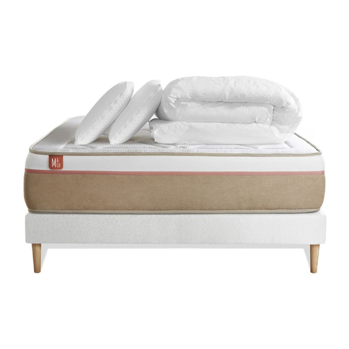 Pack Matelas Le Soyeux - 24cm - Ressorts ensachés et mémoire de forme - Equilibré - Sommier kit Blanc - Avec couette et oreillers