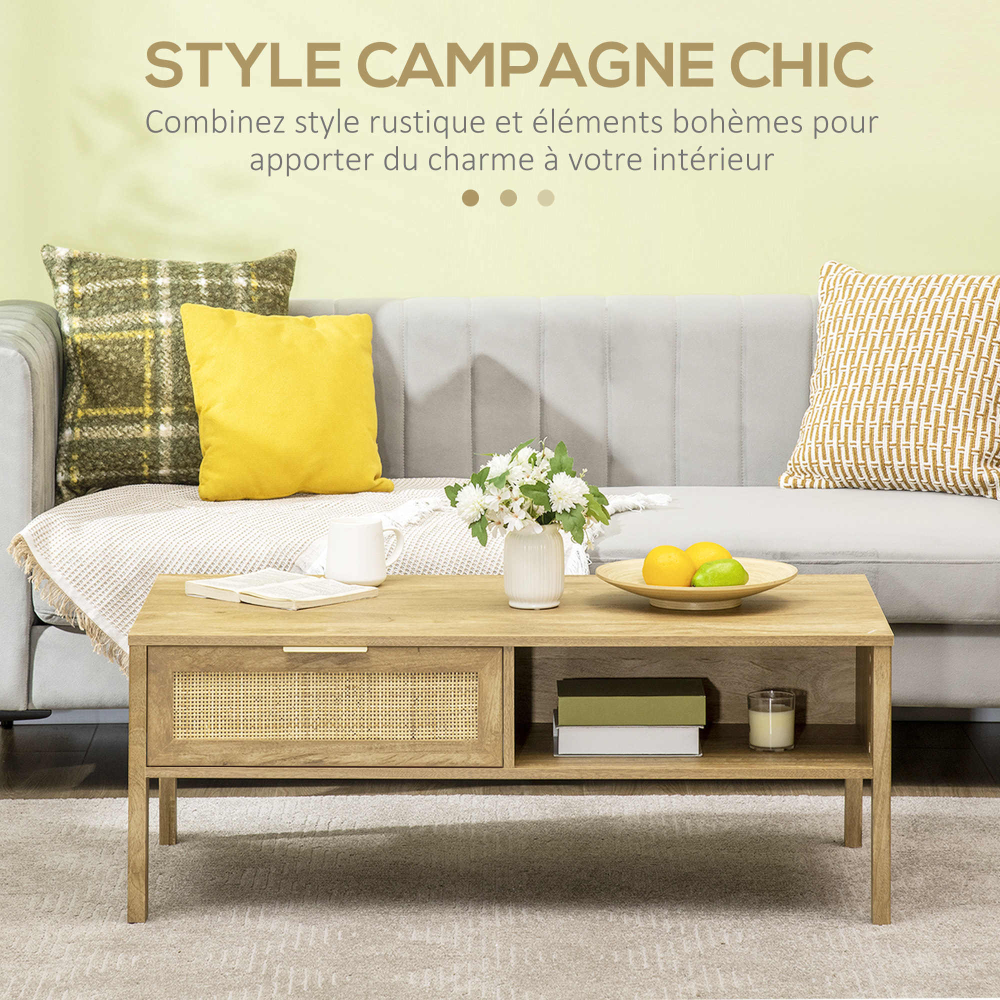 Table basse style bohème chic - tiroir coulissant, 2 niches - cannage en rotin panneaux aspect chêne clair