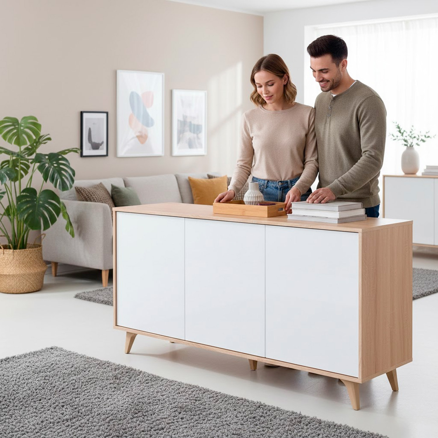 Credenza 3 Ante Con Apertura Push Madia Mobile Contenitore Moderno Con 6 Ripiani Interni Per Soggiorno Sala Da Pranzo 154 x 40 x 75 Cm Rovere Bianco