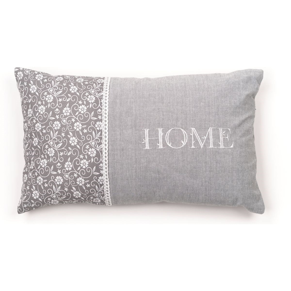 Coussin déhoussable avec dentelle floral coton CHARME gris