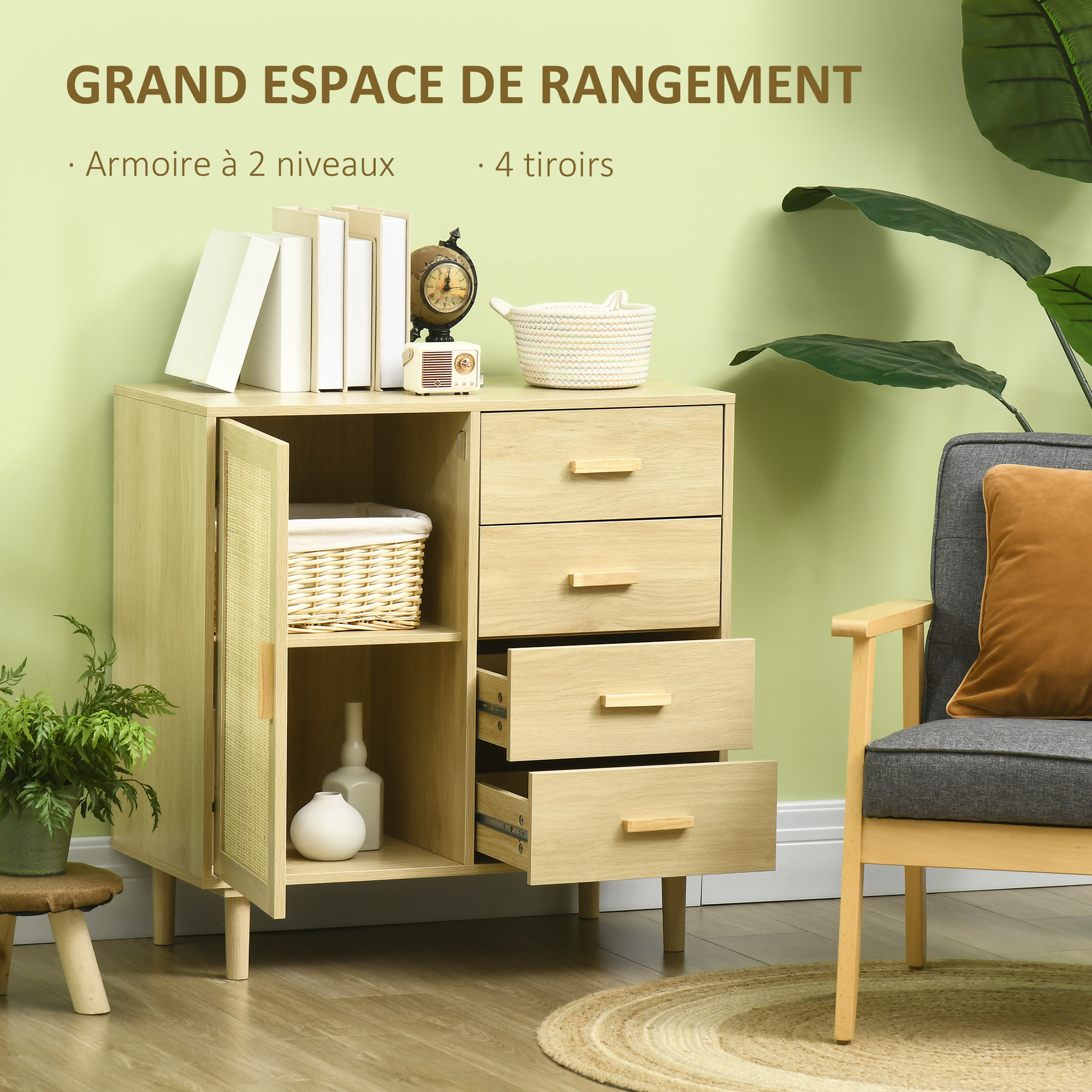 Buffet cannage rotin style naturel - porte, étagère, 4 tiroirs - dim. 80 x 38 x 80,5 cm - effet bois clair