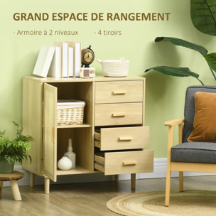 Buffet cannage rotin style naturel - porte, étagère, 4 tiroirs - dim. 80 x 38 x 80,5 cm - effet bois clair