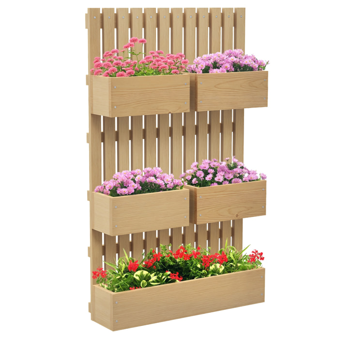 Jardinera de Pared con Enrejado, Jardinera Exterior Grande de Madera con 5 Macetas Móviles, Tela no tejida y Orificios de Drenaje, para Exterior, Jardín, Terraza, Patio, 60x16x100 cm, Natural