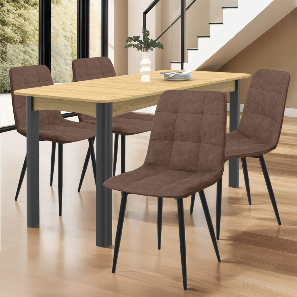 Chaises Linda simili cuir marron et pieds métal noirs - lot de 4