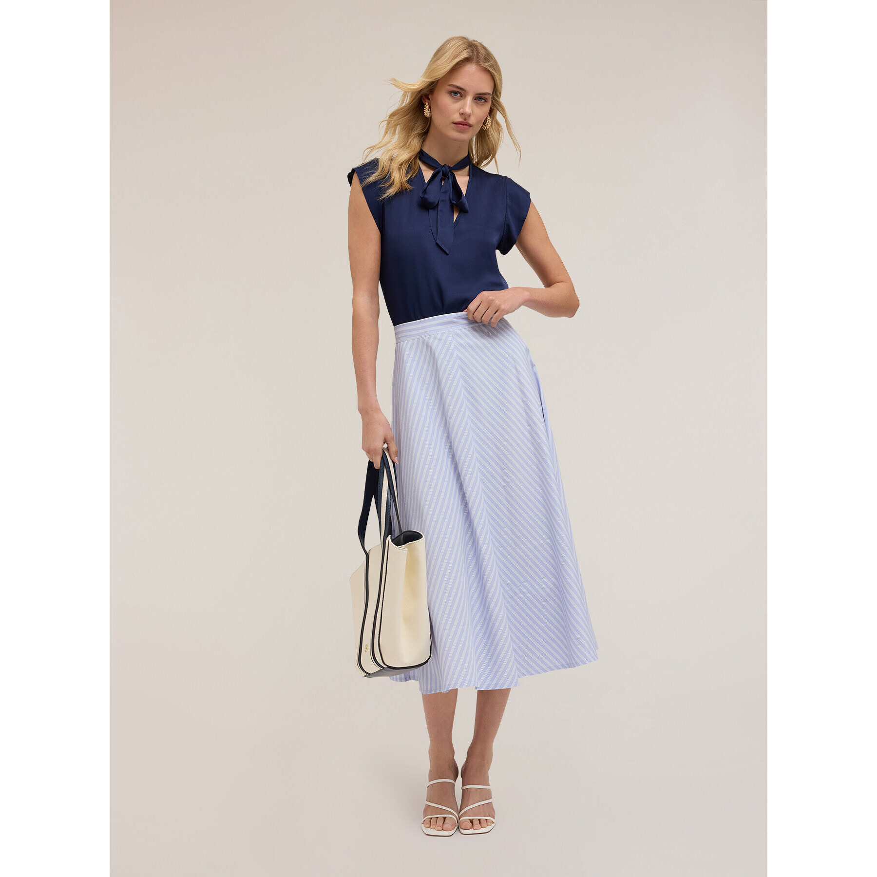 Motivi - Falda midi de algodón a rayas - Light - blue