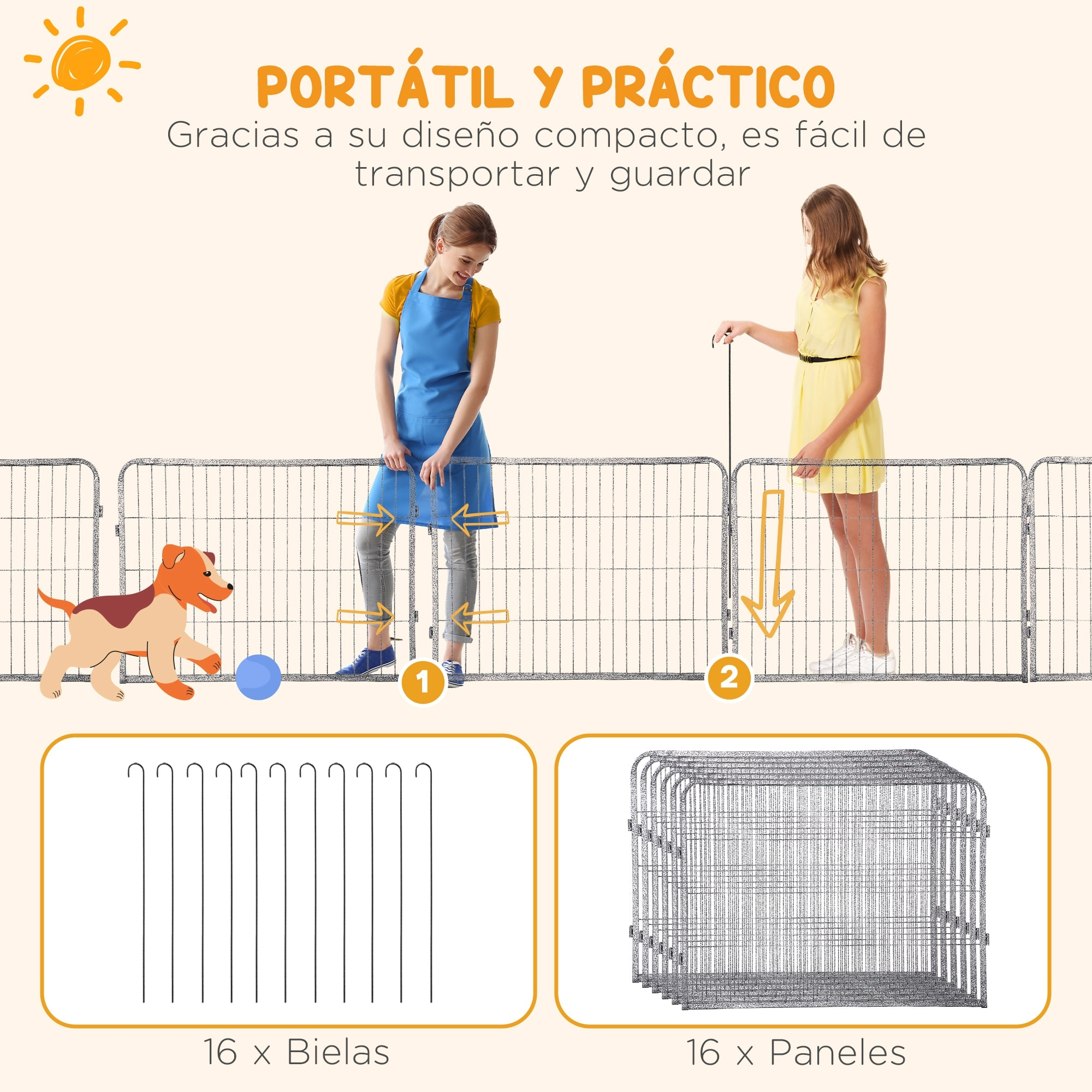 PawHut Parque para Perros Vallas para Mascotas de 16 Paneles 80x60 cm con 2 Puertas con Pestillo Corralito para Perros Pequeños de Acero para Interior y Exterior Gris