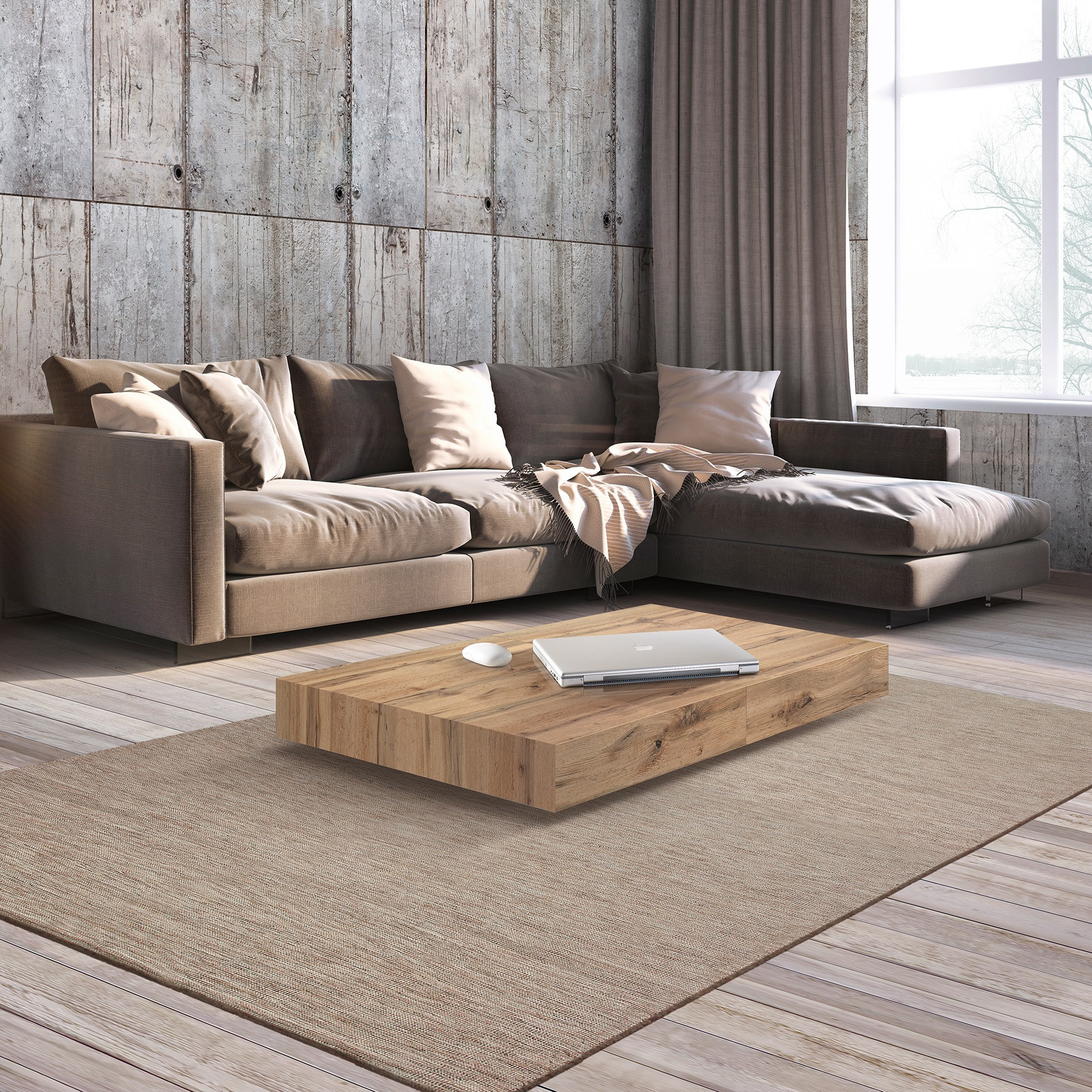 Tavolino CAMOGLI in legno, finitura rovere rustico e metallo verniciato nero trasformabile in tavolo da pranzo 120x80 cm - 220x80 cm altezza da 30 a 77 cm