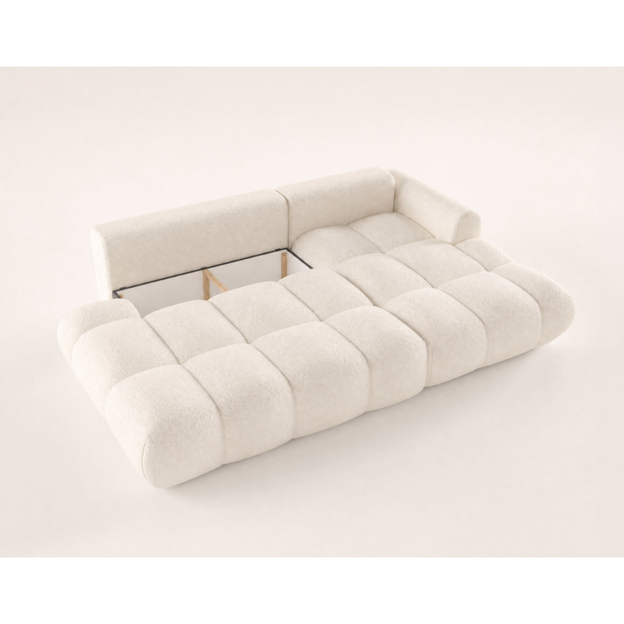 Yulin - Canapé d'angle ouvert droit 4 places convertible avec coffre en tissu bouclette - Beige