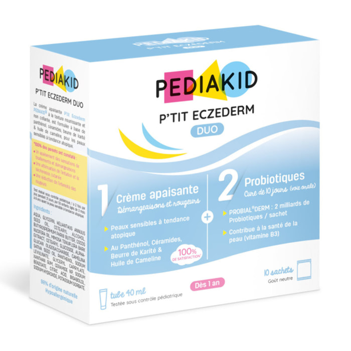 PEDIAKID - P'tit Eczederm Duo - Duo complet IN & OUT - Complément alimentaire probiotiques & crème apaisante naturelle - Peau sensible & sèche -  21 sachets + 1 tube
