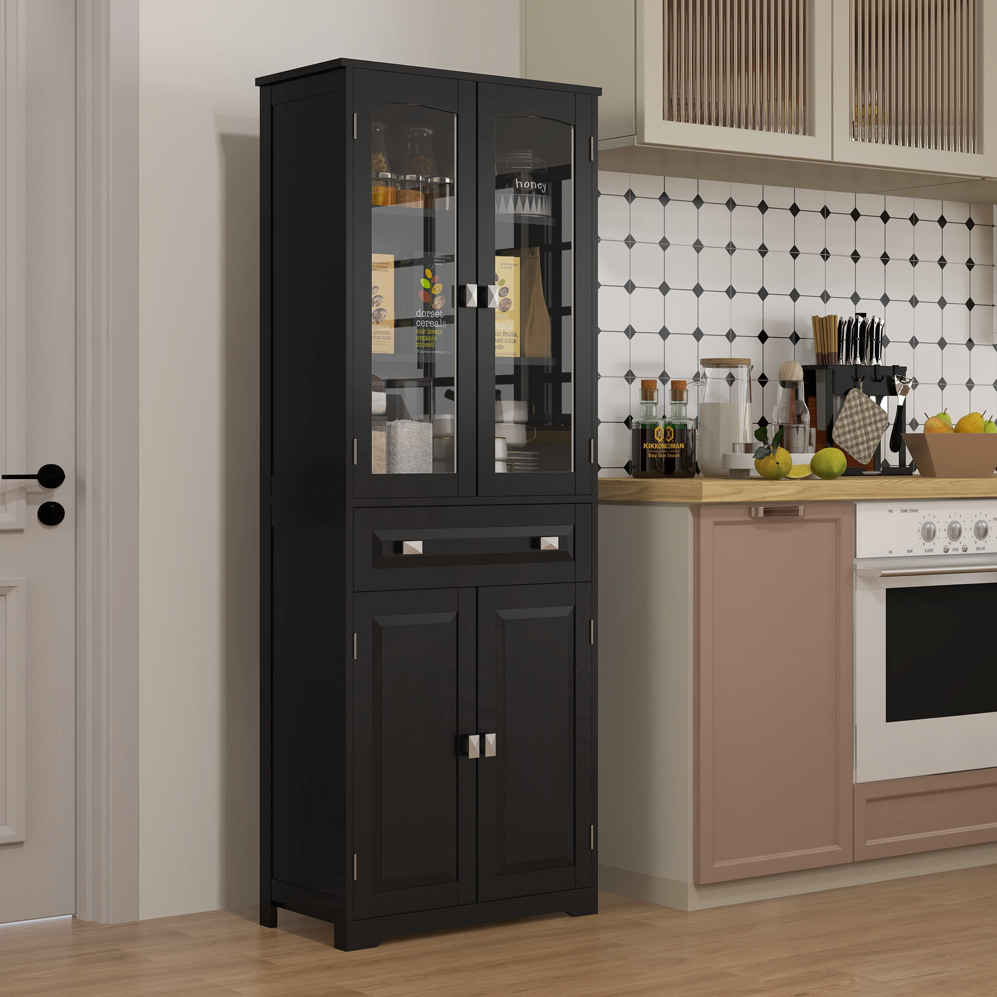 Armoire de cuisine buffet haut 4 portes 3 étagères tiroir verre trempé panneaux MDF noir