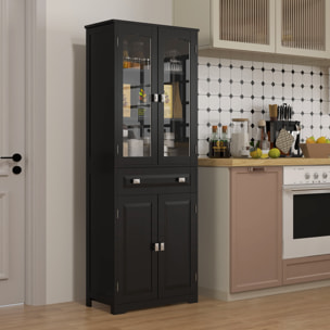 Armoire de cuisine buffet haut 4 portes 3 étagères tiroir verre trempé panneaux MDF noir