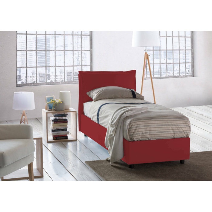 Letto singolo Ancara, Letto contenitore con rivestimento in tessuto, 100% Made in Italy, Apertura frontale, con materasso Cm 80x200 incluso, Rosso