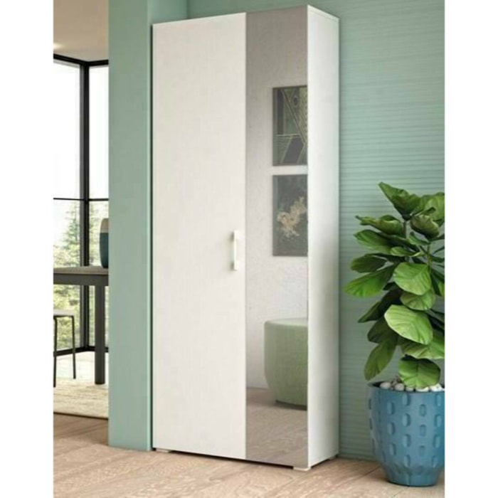 Scarpiera Eracle, Mobile multiuso da ingresso con anta a specchio , Armadio moderno portascarpe a 6 ripiani, 100% Made in Italy, 72x37h195 cm, Bianco