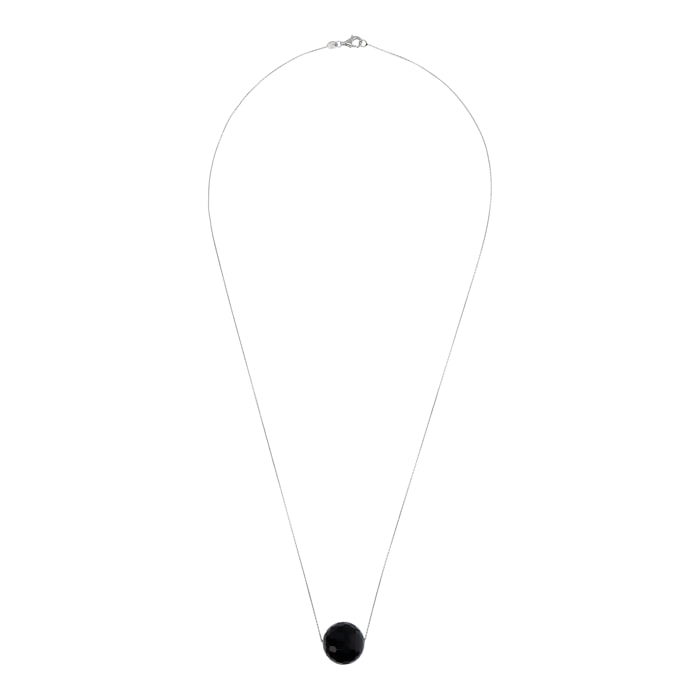 Collana Catena Rolo con Pendente Sferico in Pietra Naturale Onice Nero in Argento 925 placcato Rodio