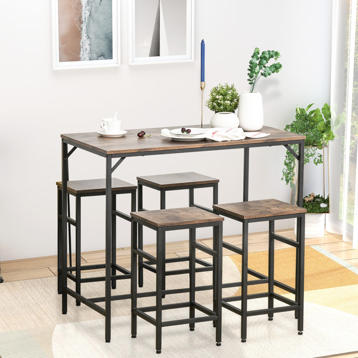 Ensemble table de bar 4 tabourets design industriel métal noir aspect bois