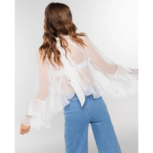 Blusa de mujer de gasa con cuello alto, volantes y espalda abierta