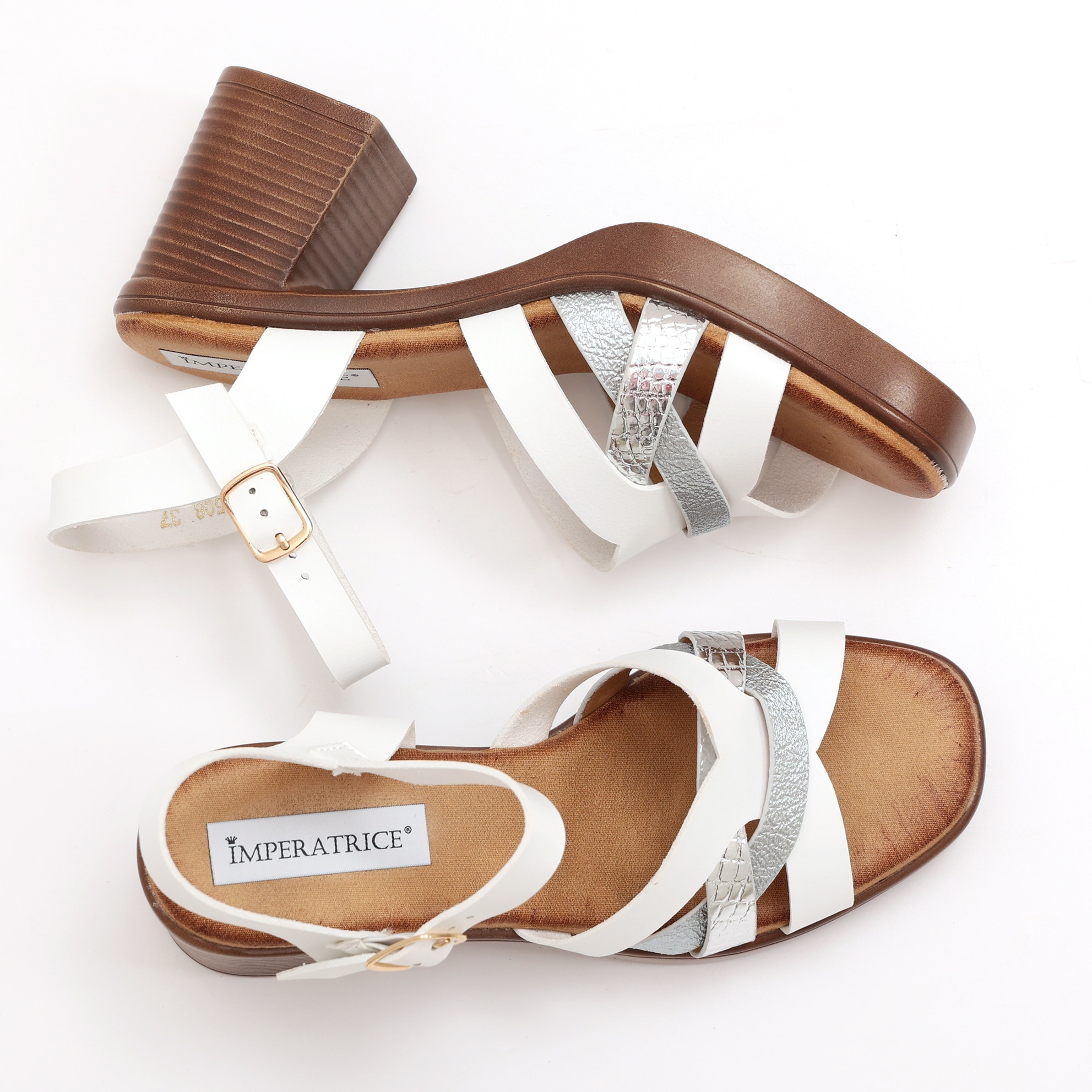 Sandali in simil pelle con tacco comodo quadrato e fasce bicolore