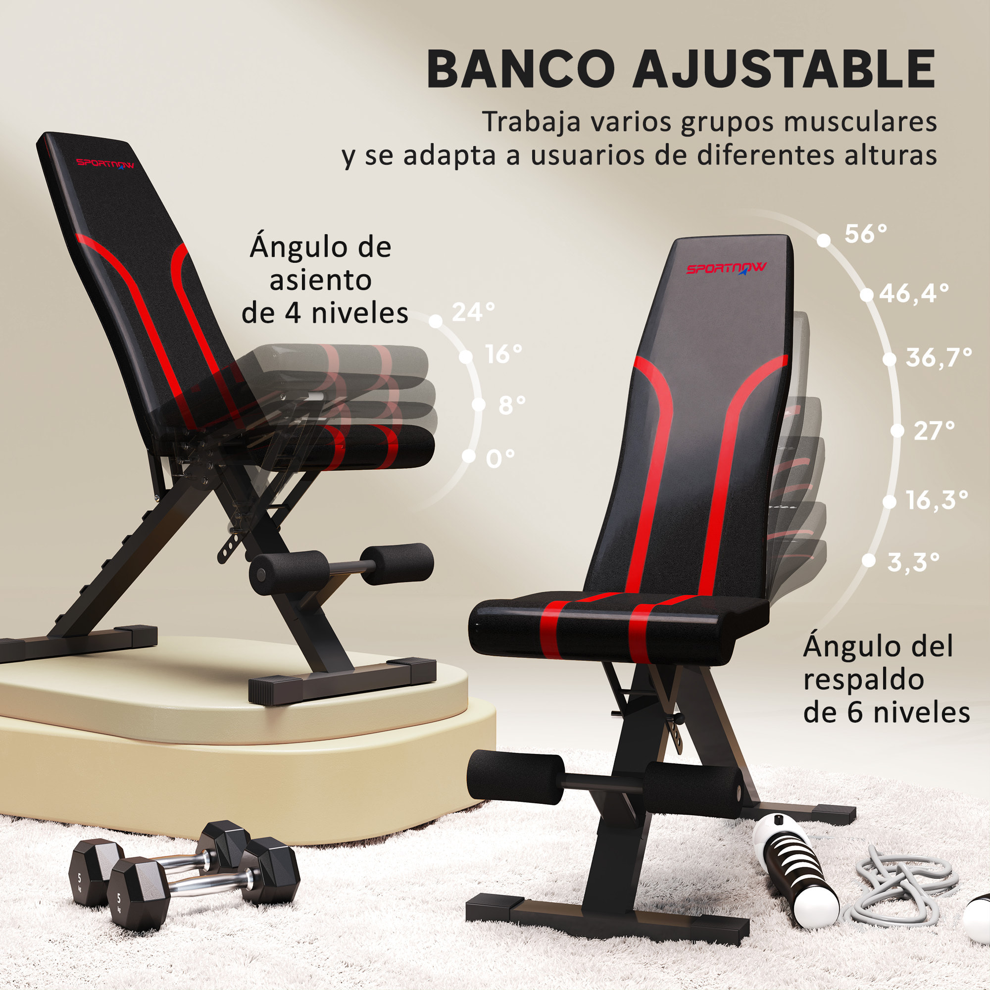 Banco de Pesas Ajustable Banco de Musculación Plegable Banco de Abdominales para Entrenamiento de Cuerpo Completo en Hogar Gimnasio Negro
