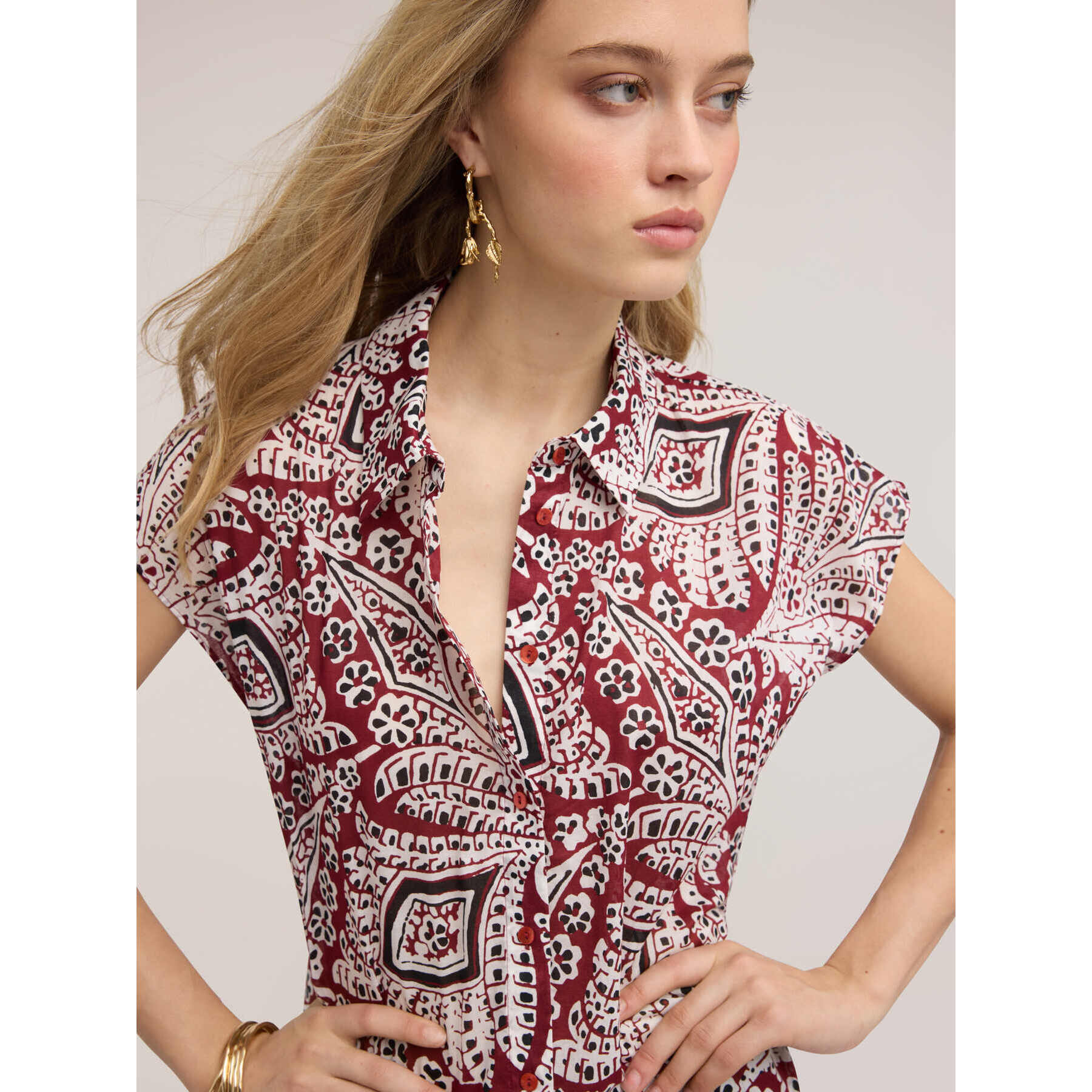 Motivi - Camisa de muselina de algodón con estampado - Burgundy