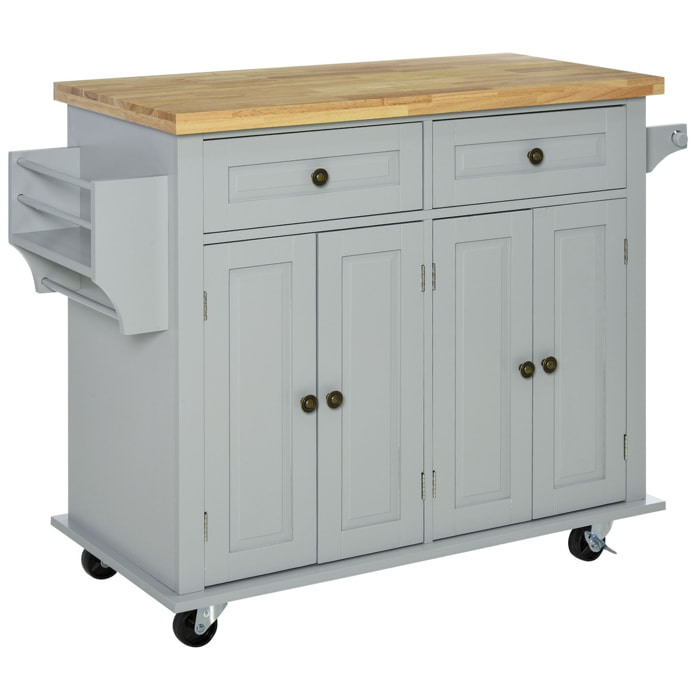 Isla de Cocina con Ruedas Carro de Cocina con 2 Cajones 4 Puertas Especiero Encimera de Madera y Barra Lateral para Comedor 111x44,5x82,5 cm Gris