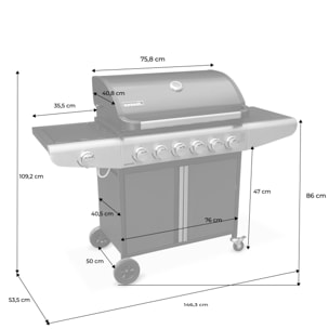 Barbecue au gaz - Bazin 6 Gris anthracite -  Cuisine extérieure 6 brûleurs dont 1 feu latéral avec tablettes et thermomètre. rangement. roues