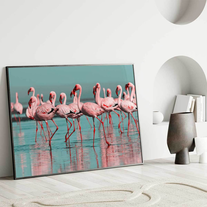Affiche encadrée flamants roses en groupe Affiche + cadre en métal - Noir