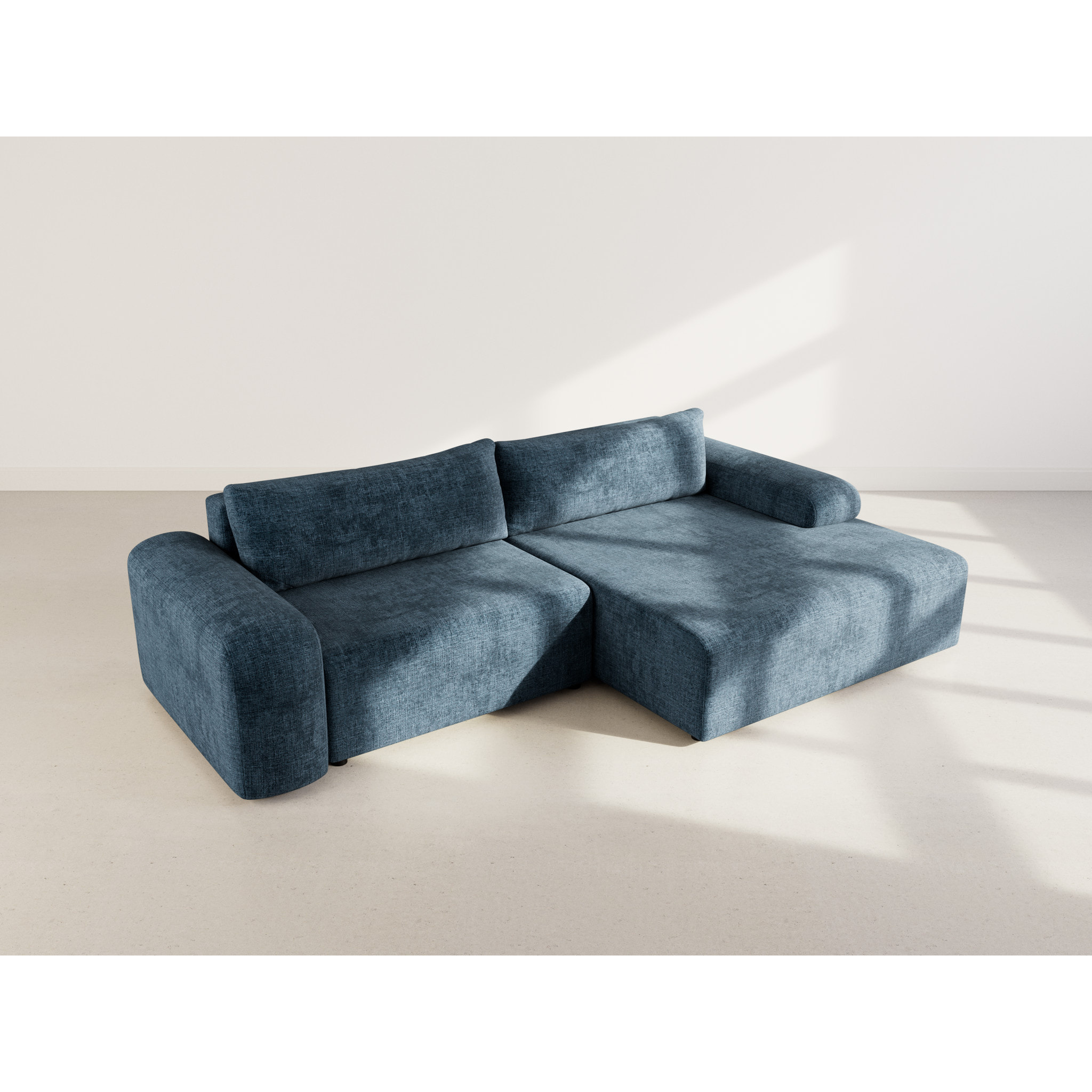 Rebecca - canapé d'angle droit 4 places convertible avec coffre en velours texturé - Bleu