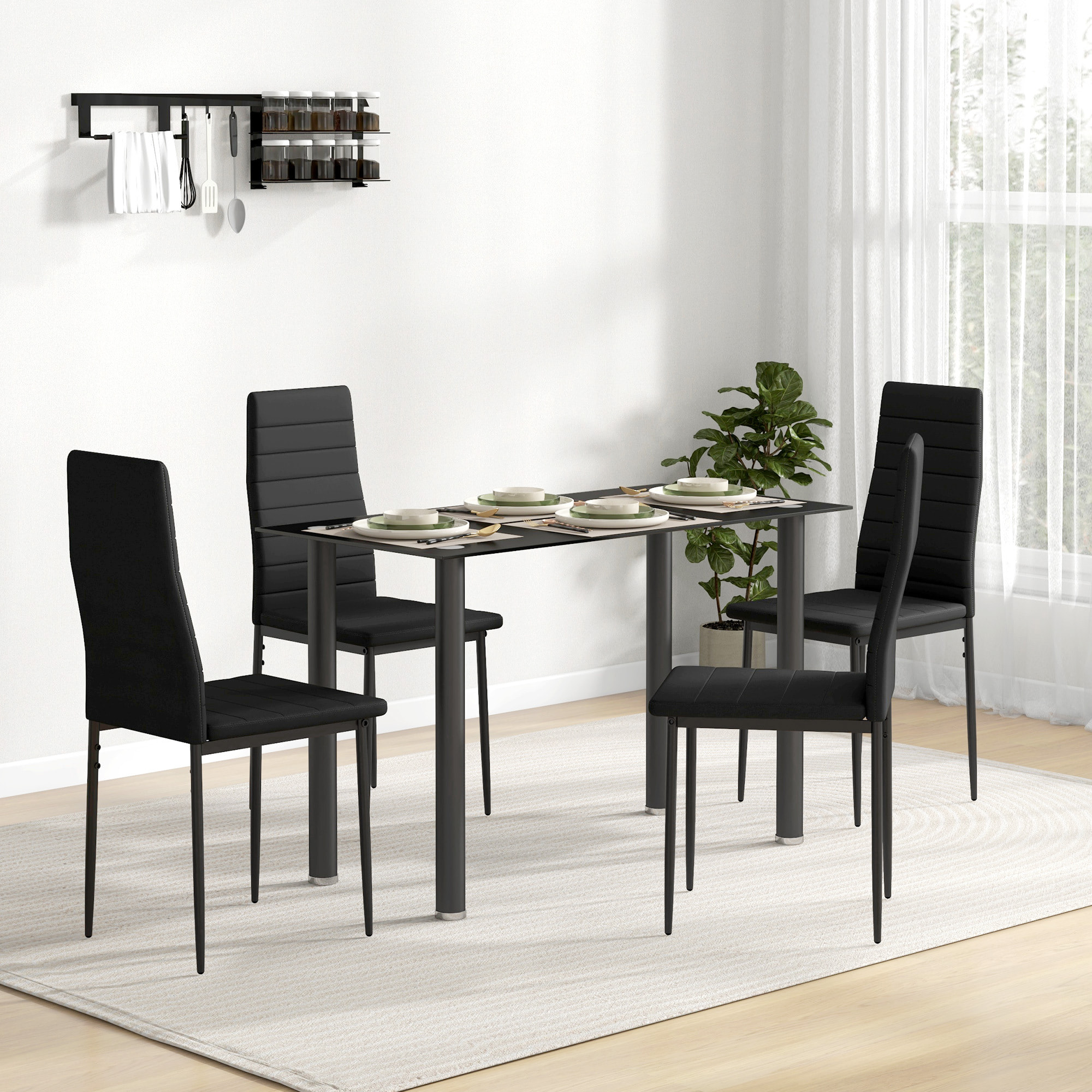 Conjunto de Comedor 5 Piezas Juego de 1 Mesa con Tablero de Vidrio Templado y 4 Sillas Tapizadas en Lino Estilo Moderno para Cocina 120x60x75 cm 41x50x97 cm Negro