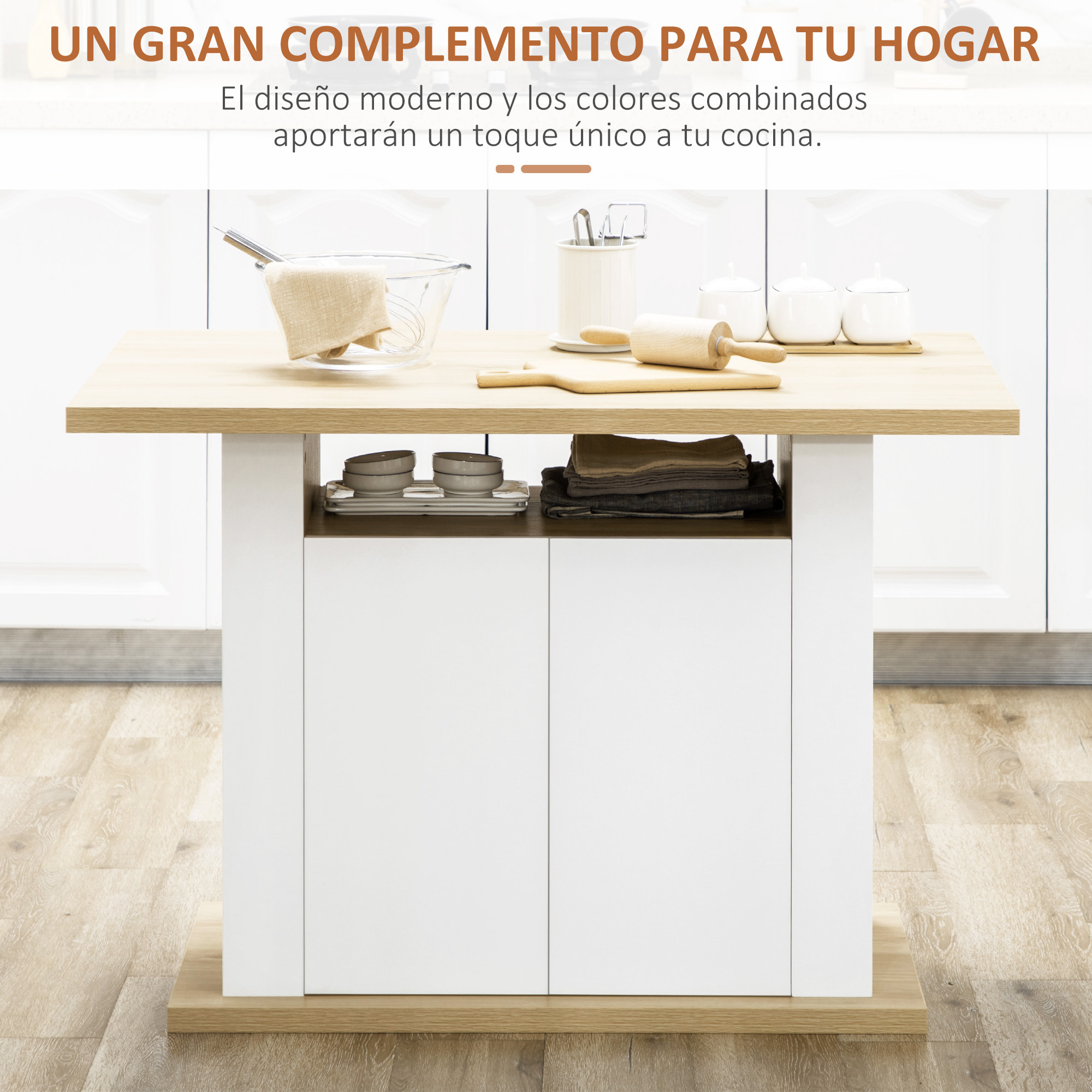Isla de Cocina, para 4-6 Personas, Mueble de Cocina con 4 Puertas, Compartimentos Abiertos, Estante Ajustable, 110x70x75,5 cm, Roble y Blanco