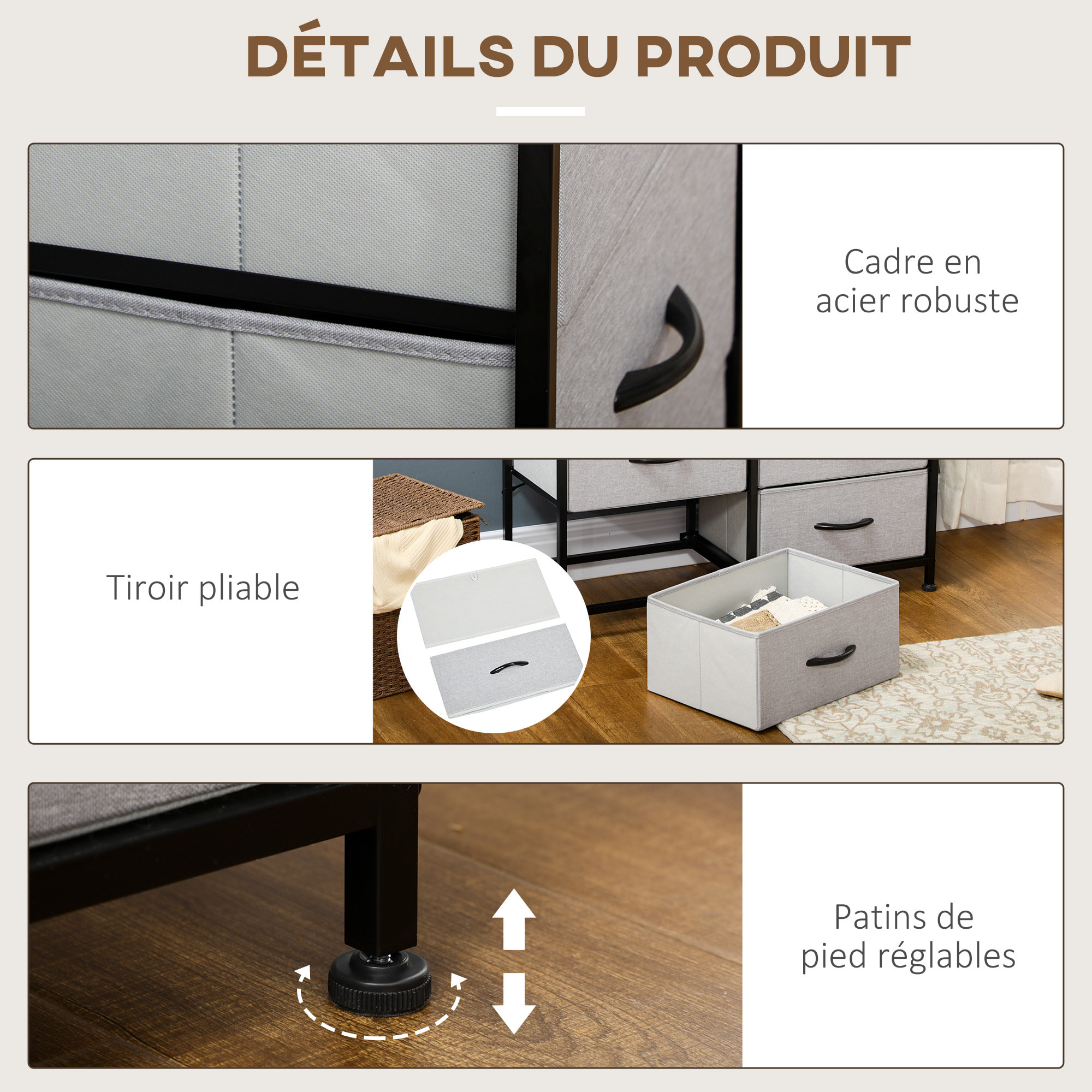 Commode meuble de rangement 6 tiroirs pliables châssis acier noir plateau aspect bois non tissé gris