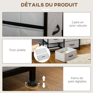 Commode meuble de rangement 6 tiroirs pliables châssis acier noir plateau aspect bois non tissé gris