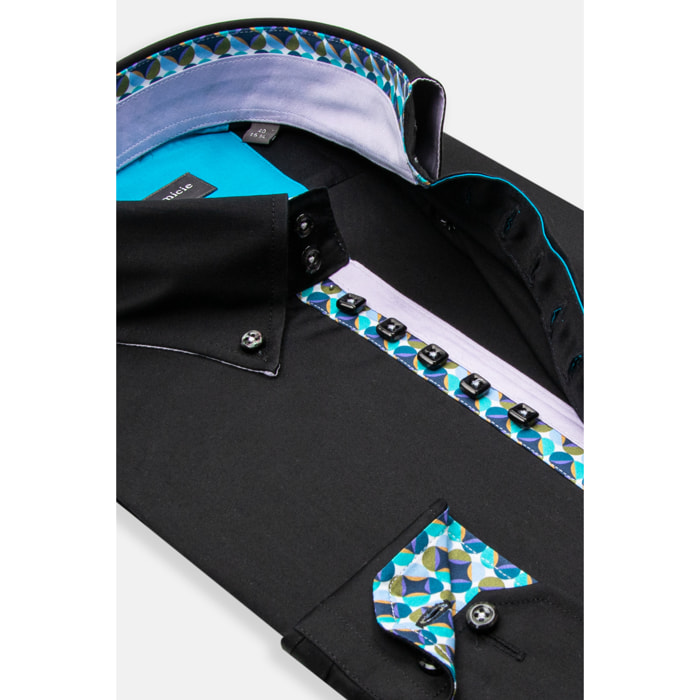 Camicia Uomo 2 Bottoni Button Down Slim Satin Unito Nero