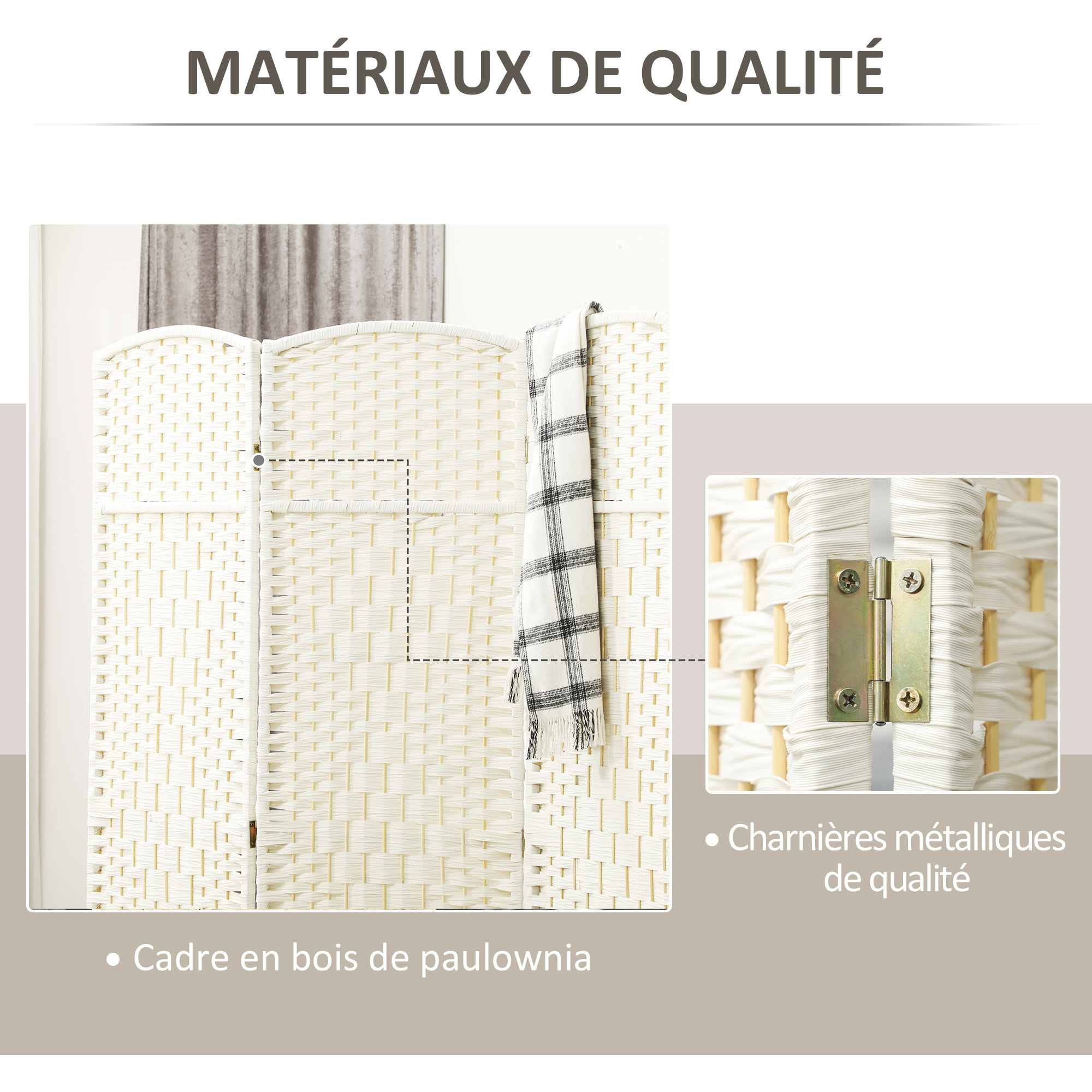 Paravent intérieur 3 panneaux pliables en bois séparateur de pièce style bohème tissé blanc
