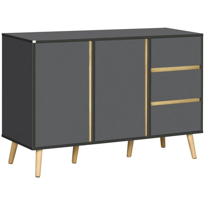 Buffet 2 portes 2 étagères 3 tiroirs design scandinave panneaux particules gris aspect bois clair