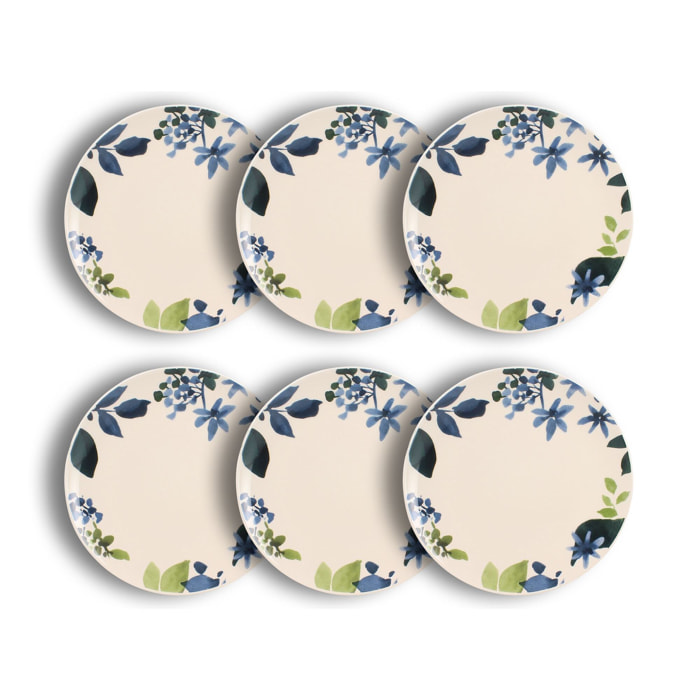 Lot de 6 assiettes plates en grès 26cm motif fleuri bleu BLEUET