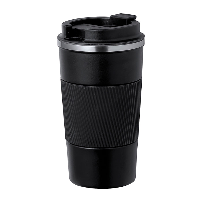 Vaso térmico en acero inox de doble pared y 400 ml de capacidad. Con dosificador en tapa y abrefácil, banda de silicona a juego y base antideslizante. Libre de BPA.
