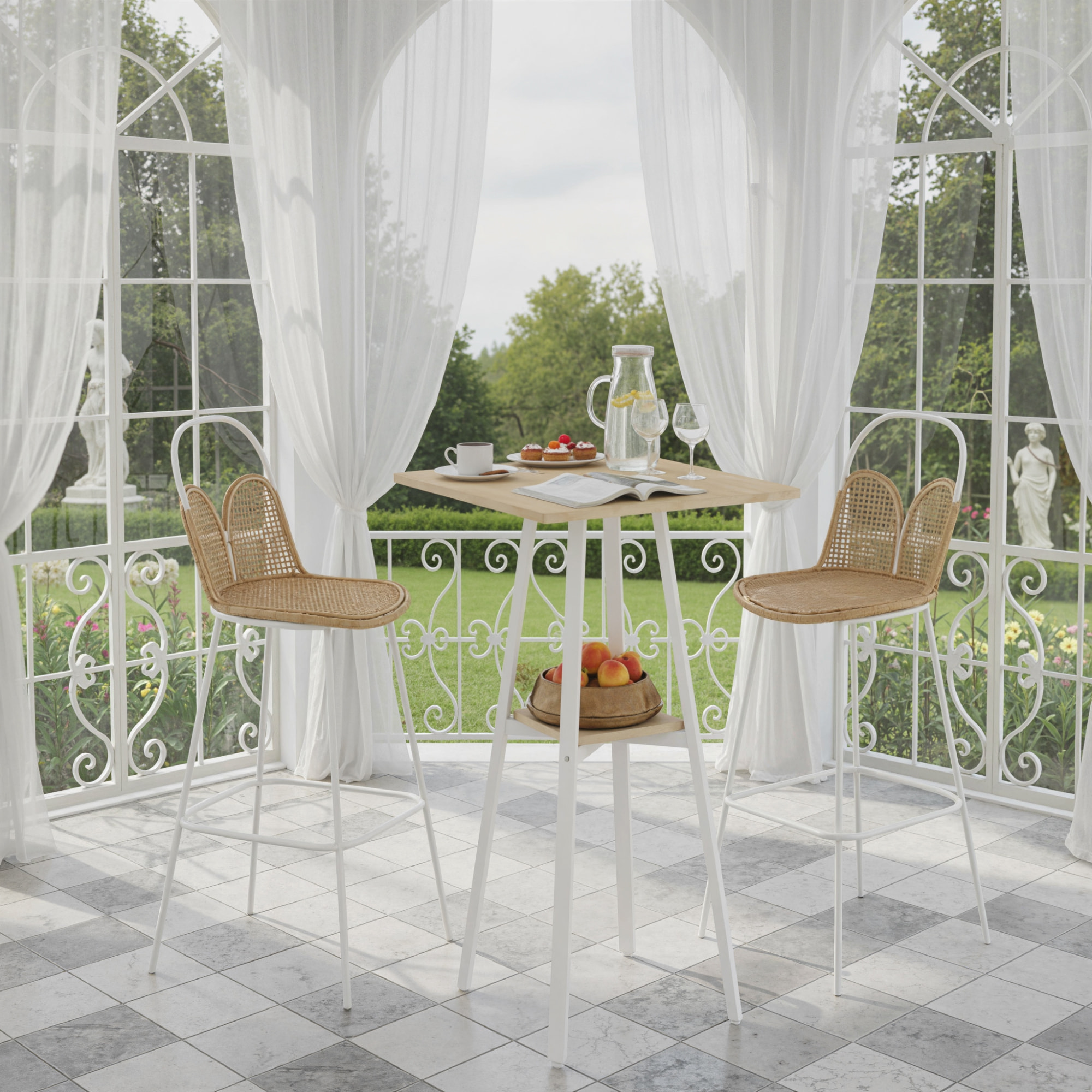 Mesa Alta Cocina Cuadrada con Estante, Mesa Alta Bar para 2 Personas, Patas de Metal, para Salón Comedor, 55x55x95 cm, Madera Natural y Blanco