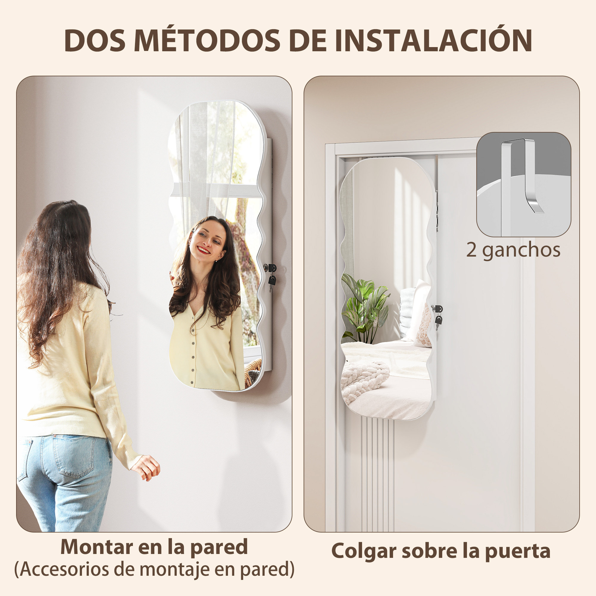 Espejo Joyero con Luz LED de 3 Colores, Armario Joyero Montado en la Pared o en la Puerta, Armario para Joyas con Cerradura, Espejo Entero, Diseño Ondulado, Blanco