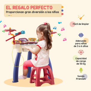 Piano Electrónico Infantil de 32 Teclas Juego de Piano 2 en 1 con Batería Micrófono Taburete Luces 19 Canciones 4 Sonidos y Volumen Ajustable 74x32,2x71 cm Multicolor