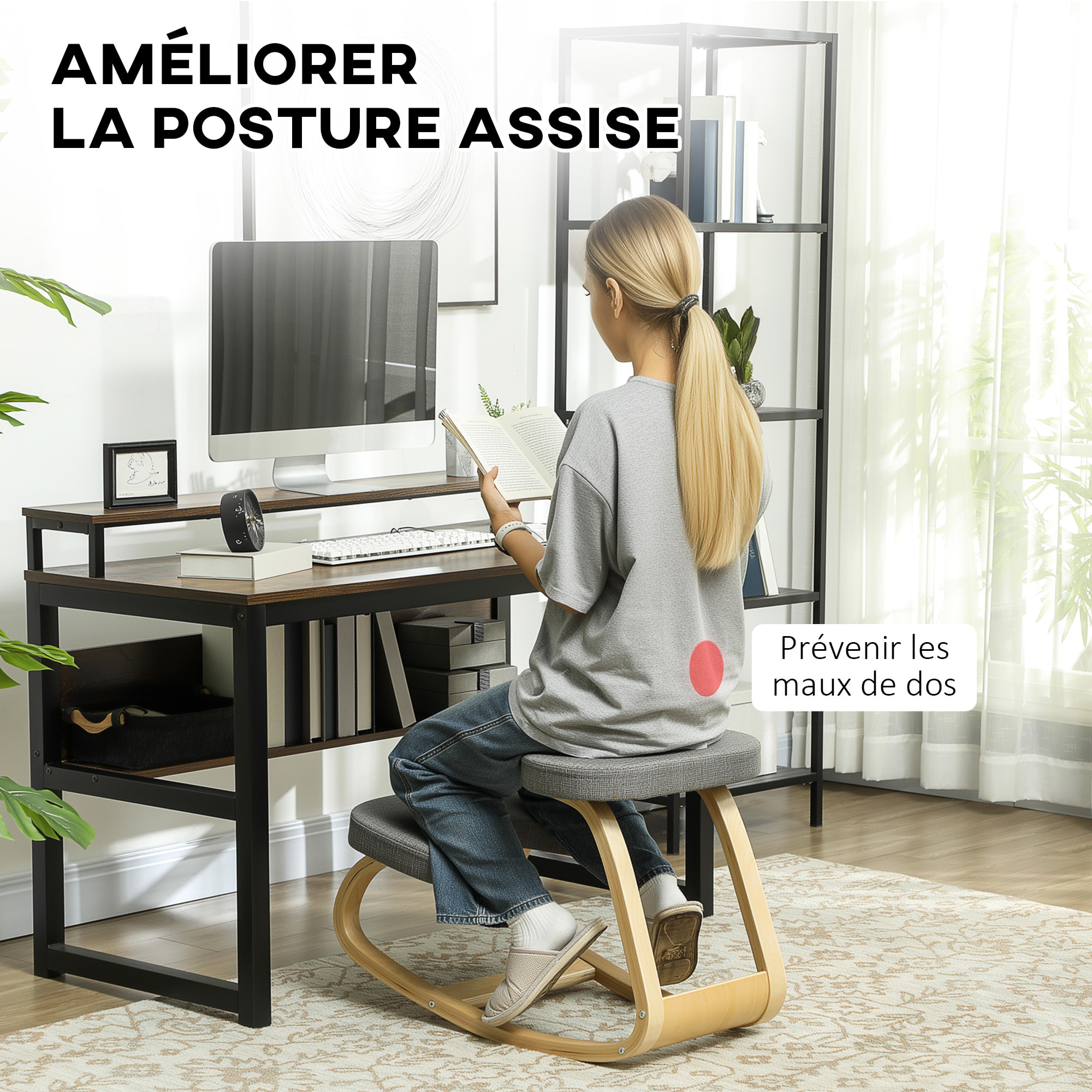 Siège ergonomique - siège assis-genoux - chaise assis genoux grand confort - bois bouleau tissu gris