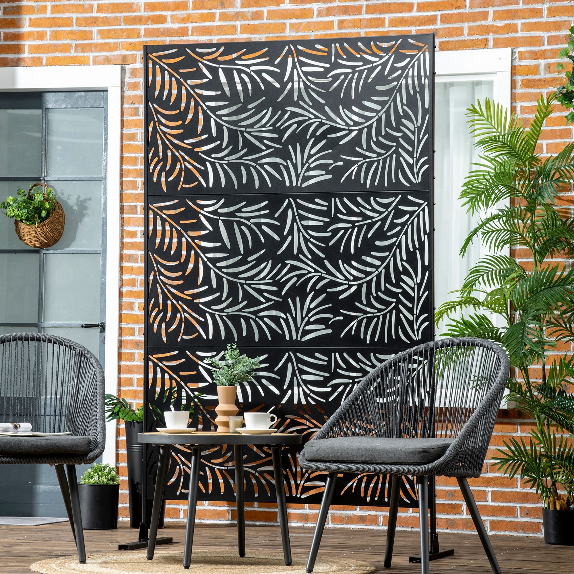 Panneau brise vue décoratif paravent extérieur motif végétal feuilles saule 122 x 198 cm acier thermolaqué noir