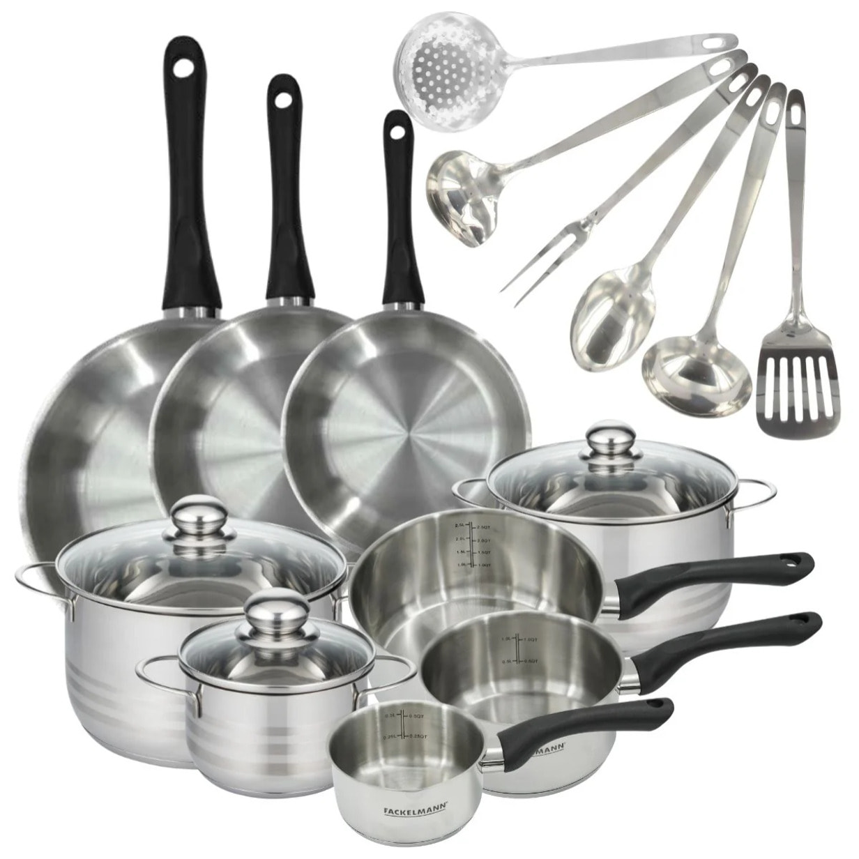 Set 3 poêles 20 24 28 cm 3 casseroles 12 16 20 cm, 3 faitouts 16, 20 et 24 cm en inox et 6 ustensiles inox Fackelmann Geneva