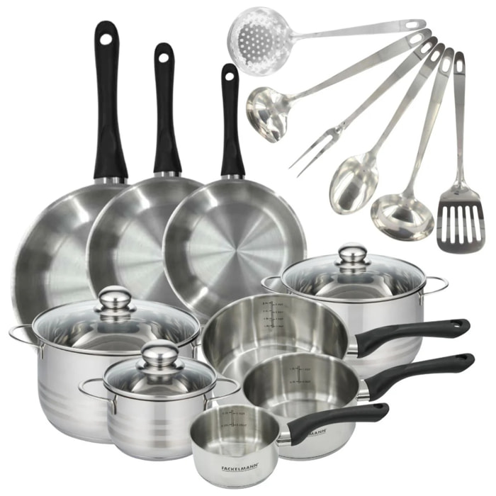 Set 3 poêles 20 24 28 cm 3 casseroles 12 16 20 cm, 3 faitouts 16, 20 et 24 cm en inox et 6 ustensiles inox Fackelmann Geneva