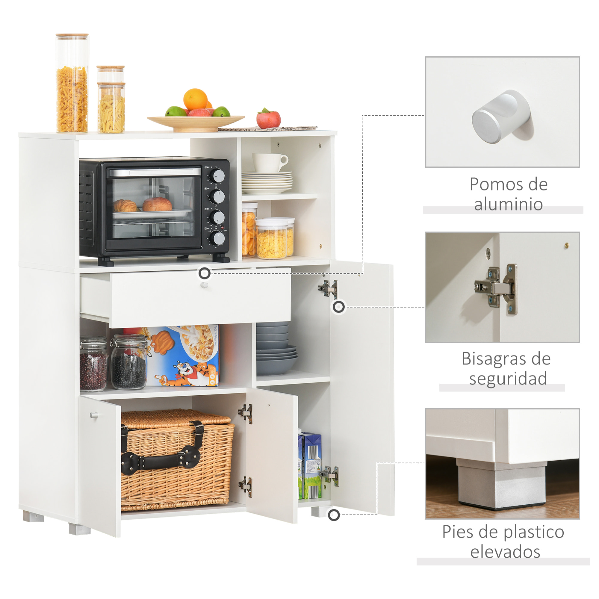 Aparador Auxiliar para Microondas Alacena Buffet de Cocina con 2 Armarios de Puertas 1 Cajón y Estantes de Almacenamiento 90x40x120 cm Blanco