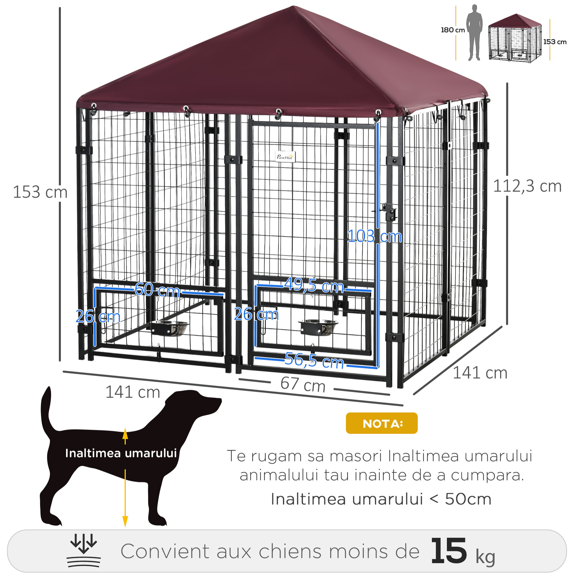 Chenil extérieur chien - cage chien - enclos chien - toile toit imperméable anti-UV, porte verrouillable, 2 bols rotatifs - acier noir oxford pourpre