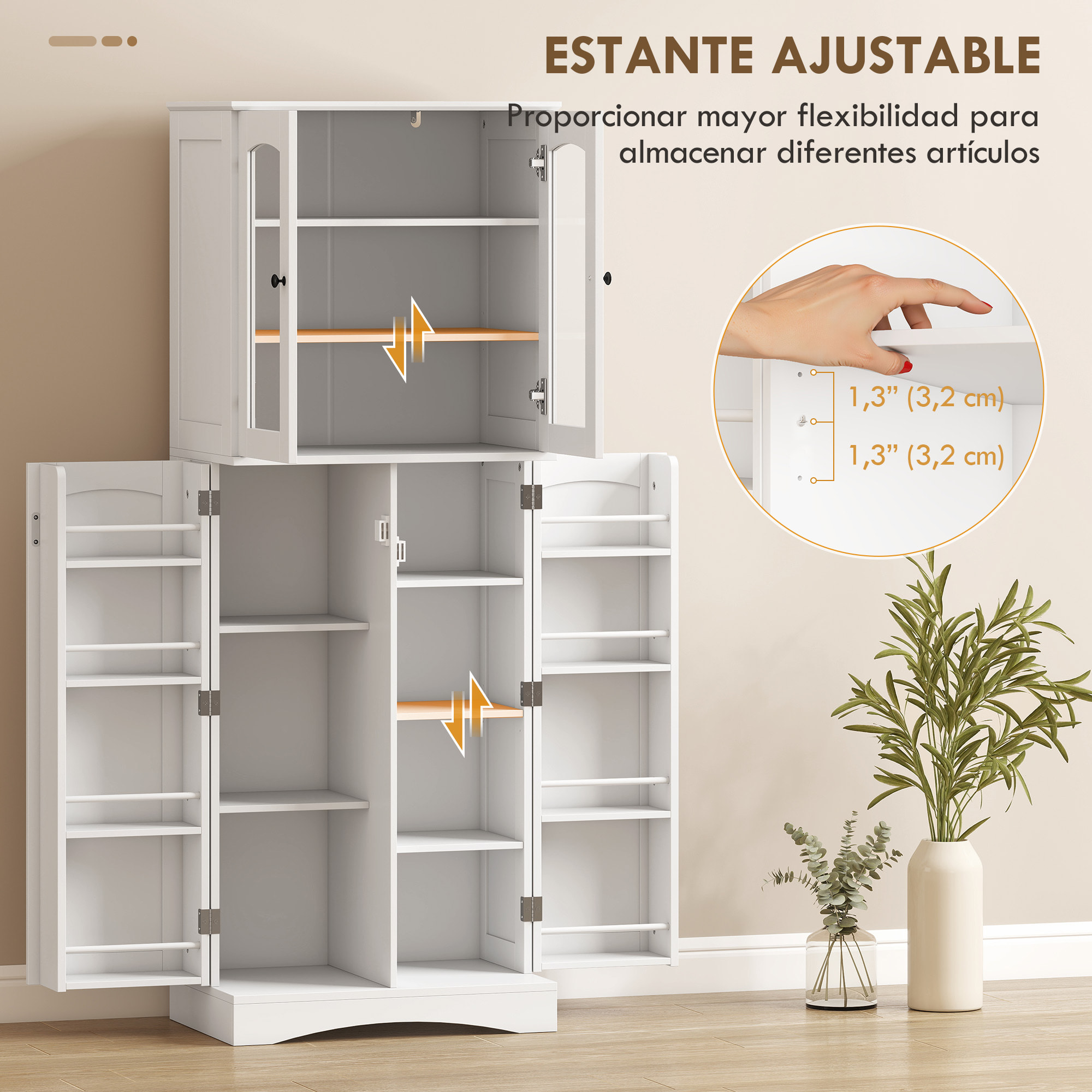 Armario de Cocina, Armario Despensa Cocina, con Puertas Acrílicas de Cierre Suave, 10 Estantes, 8 Compartimentos, Alacena Moderna con 4 Estantes Ajustables para Comedor, 60x40x162 cm, Blanco